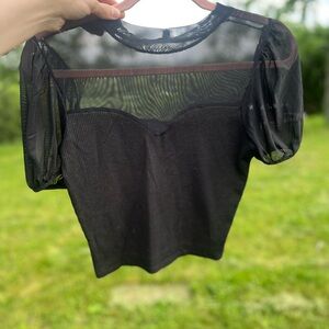 Black Sheer Mesh Puff Sleeve Top